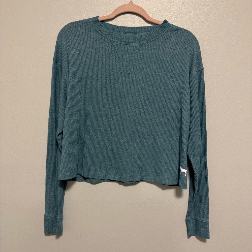 VS PINK Teal Waffle Knit Dog Logo Long Sleeve